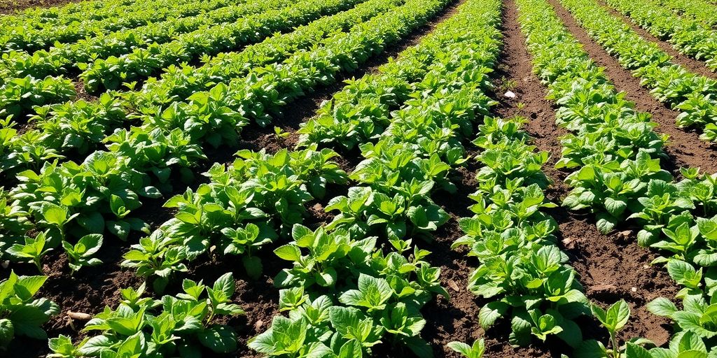 Healthy field with diverse crops in neat rows.