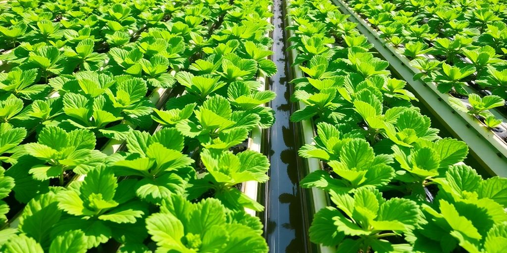 Hydroponic garden with lush green vegetables.
