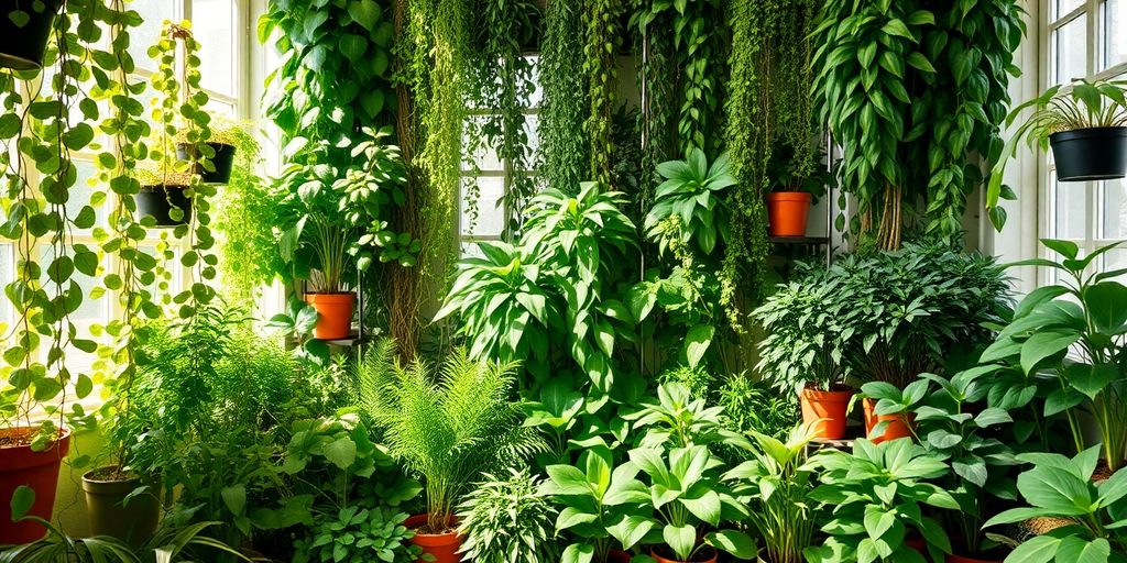 Lush indoor garden with vibrant green plants.