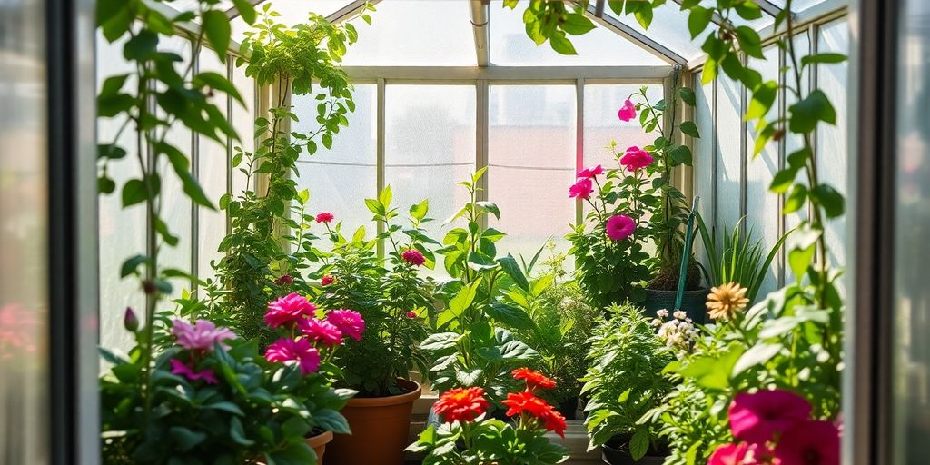 Small greenhouse filled with vibrant plants and flowers.