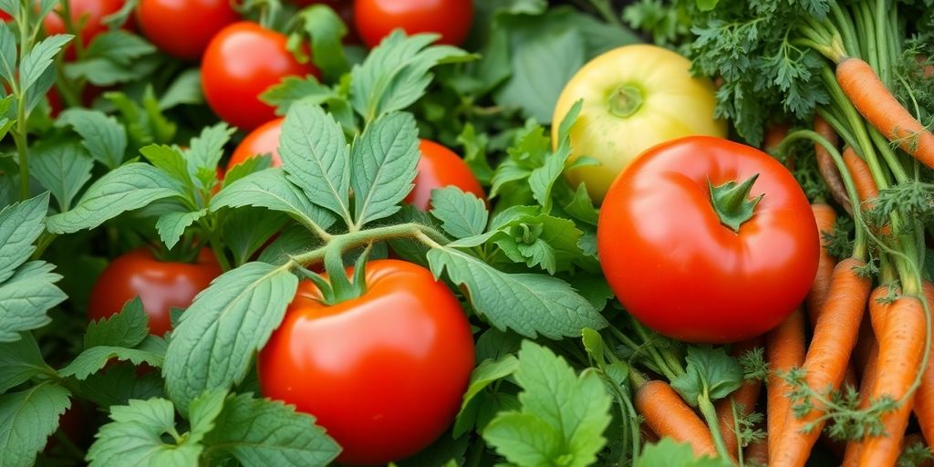Vibrant vegetables growing in a sunny garden bed.