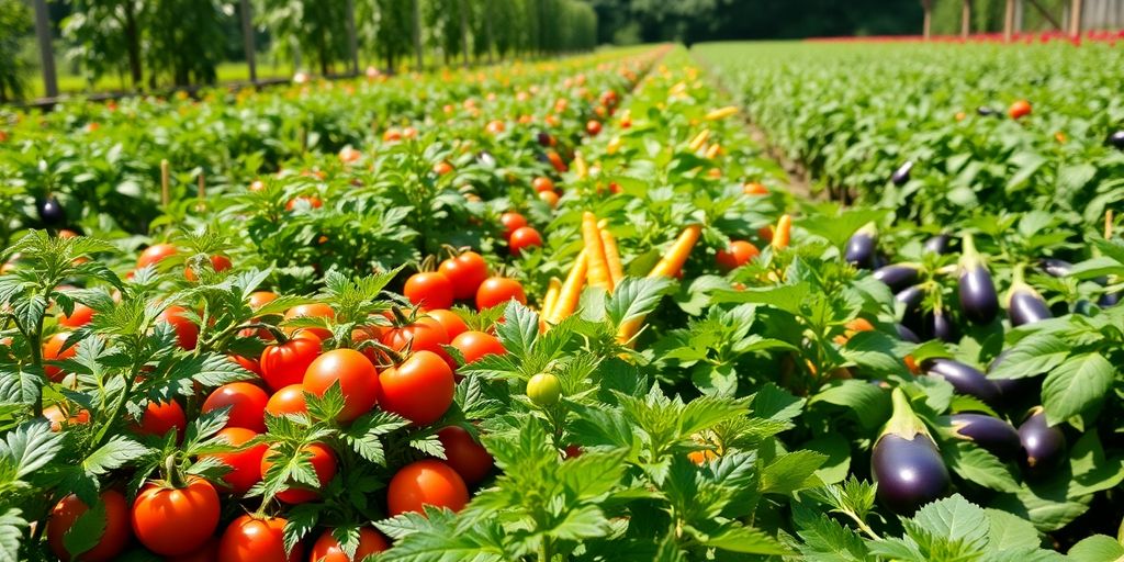 Sun-drenched vegetable garden with ripe tomatoes, carrots, and eggplants.