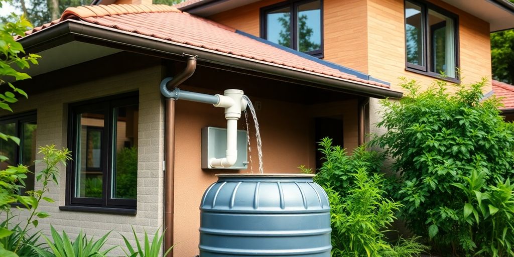 Rooftop rainwater system with collection barrel.