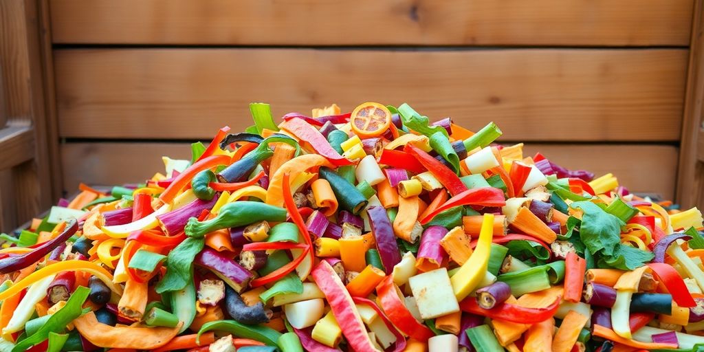 Compost bin overflowing with fruit and vegetable scraps.