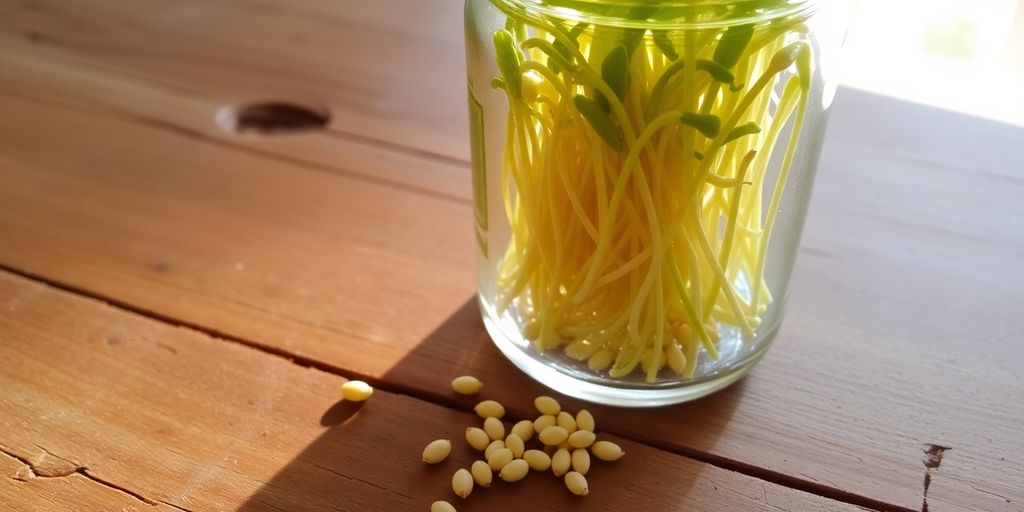 Hands holding a glass jar filled with sprouting seeds.