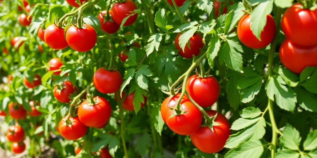 Healthy tomato plants in PNW garden, ripe fruit.