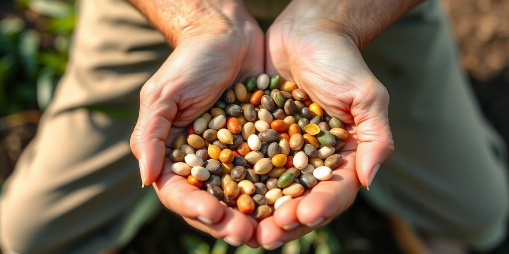 Hands holding various seeds, ready for planting.