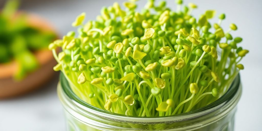 Freshly grown green sprouts in a clear glass jar.