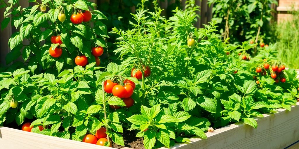 Vibrant vegetables growing in a sunny garden bed.