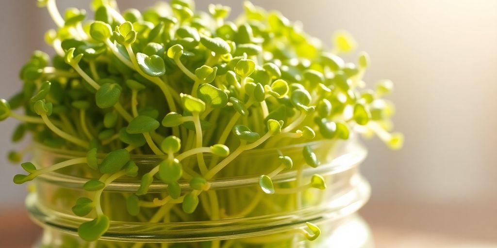 Fresh broccoli sprouts in a jar.