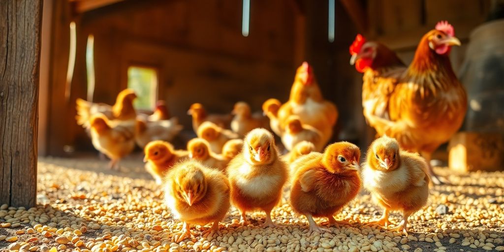 Fluffy chicks pecking at grain in a sunny coop.