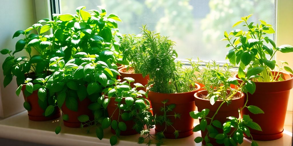 Vibrant potted herbs thriving in sunlight on a windowsill.