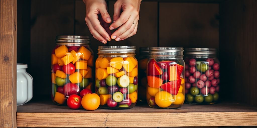 Hands arranging jars of preserved food on a wooden shelf.