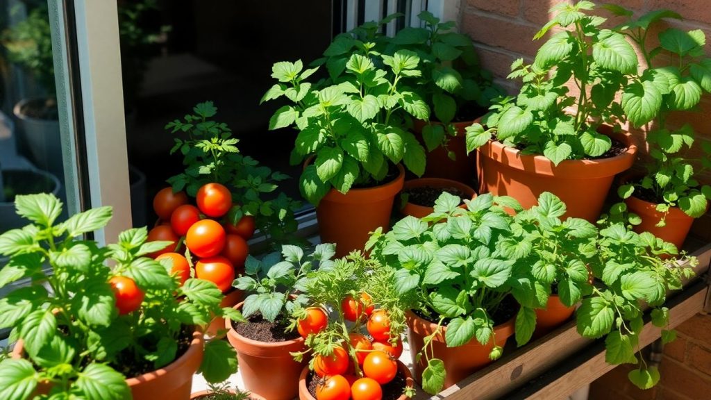 Balcony vegetable garden with lush green plants.