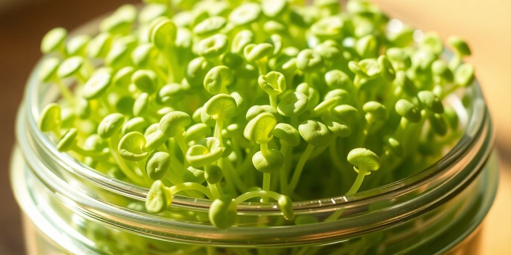 Vibrant green broccoli sprouts in a glass jar.