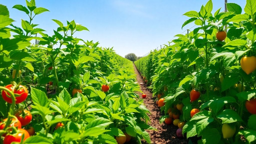 Lush organic vegetable garden with colorful, healthy plants.