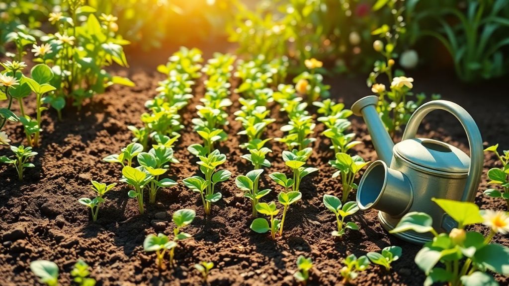 Small vegetable garden with young seedlings and watering can.
