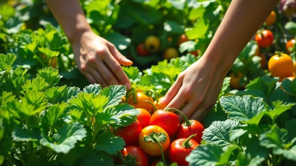 Hands tending to a vibrant organic vegetable garden.