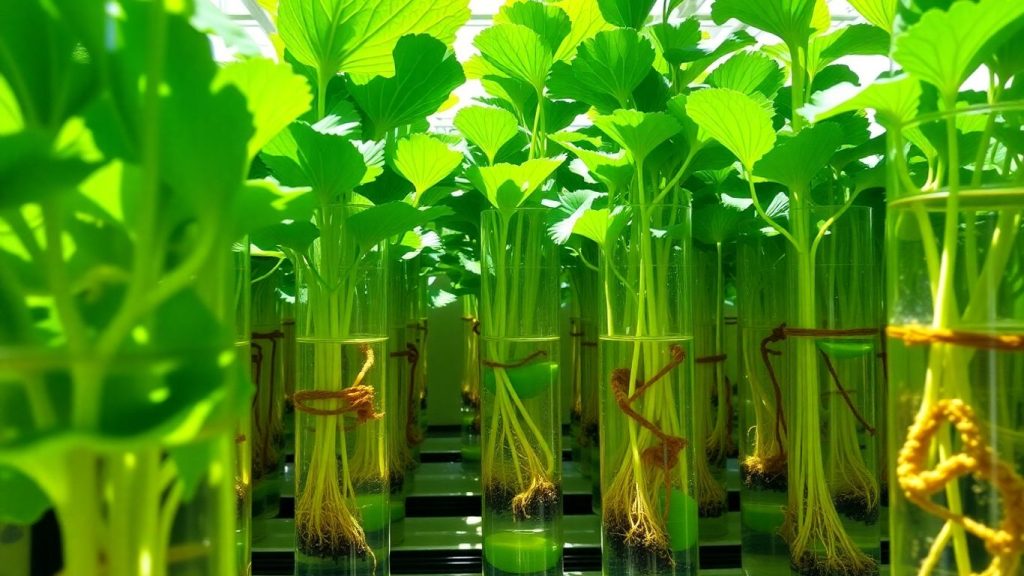 Hydroponic garden with healthy plants and roots.
