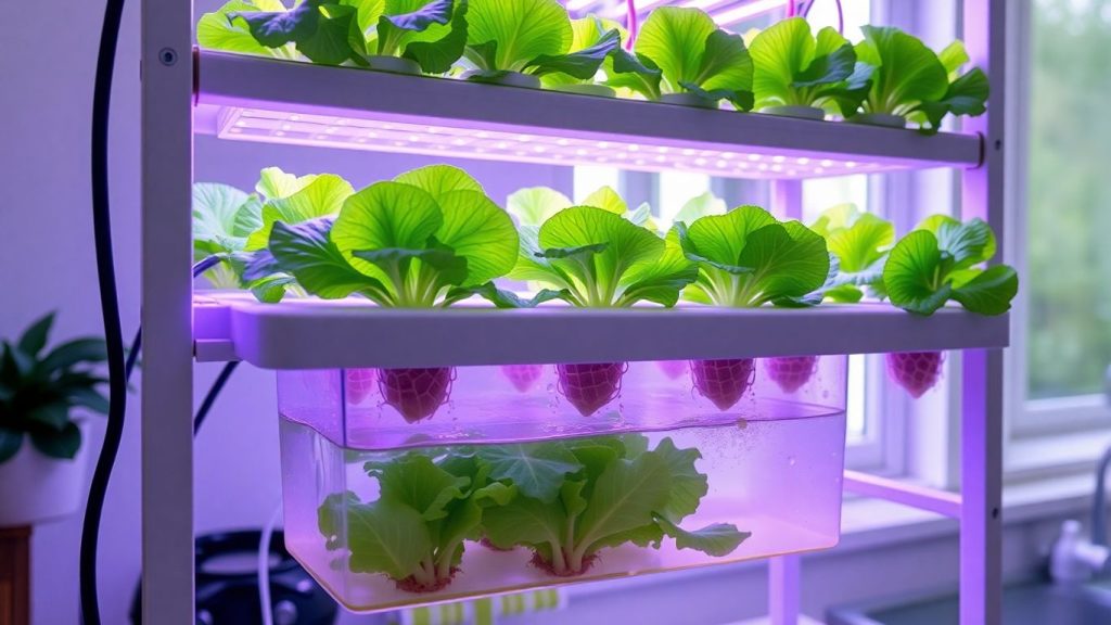 Indoor hydroponic lettuce under LED lights with roots and reservoir.