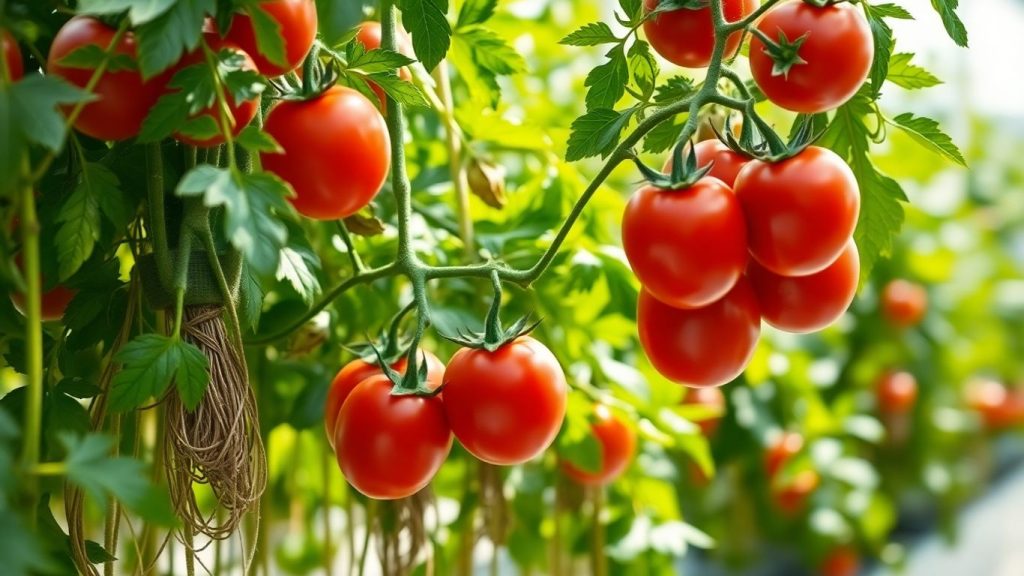 Hydroponic tomatoes growing on lush green vines.