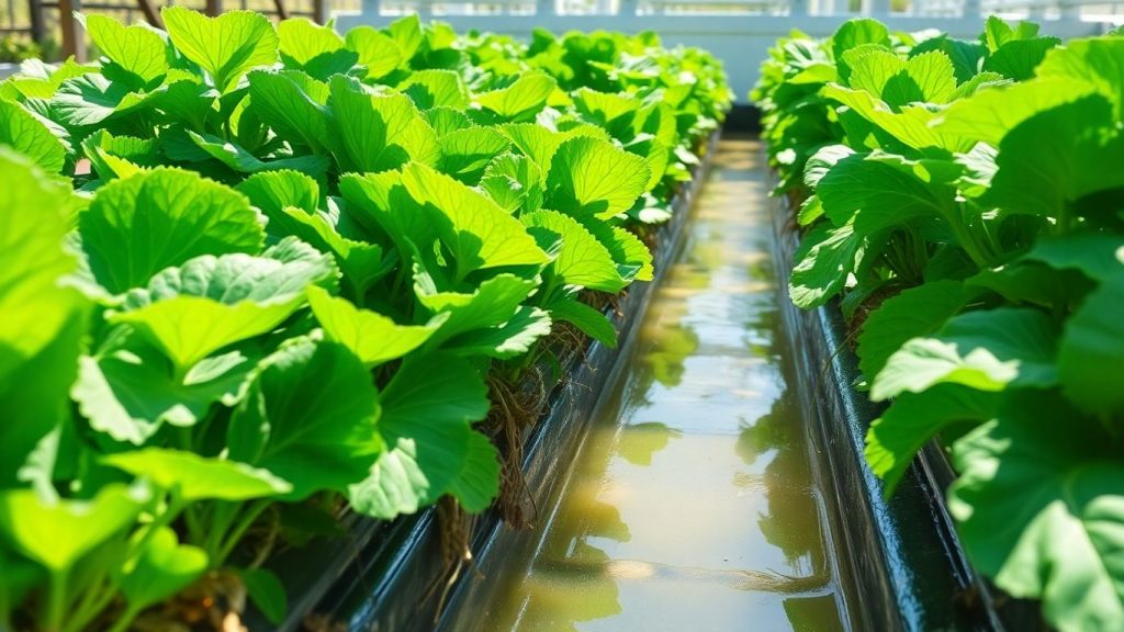 Lush green vegetables growing hydroponically in water.