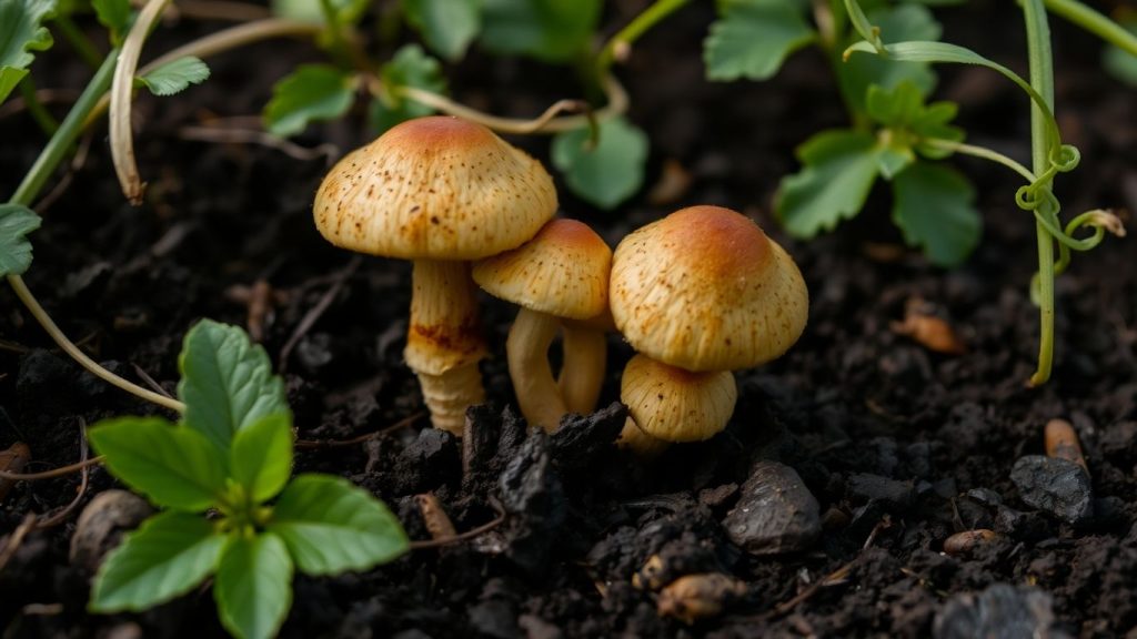 Mushrooms growing in fertile soil with green leaves.