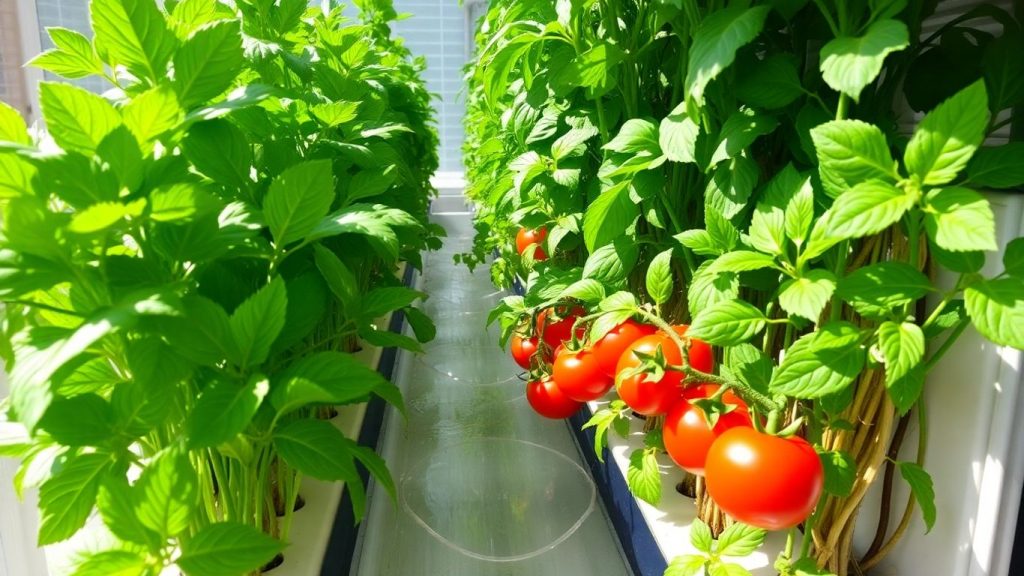 Hydroponic garden with leafy greens and tomatoes.