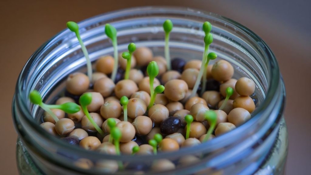 Seeds sprouting in a glass jar with green shoots.