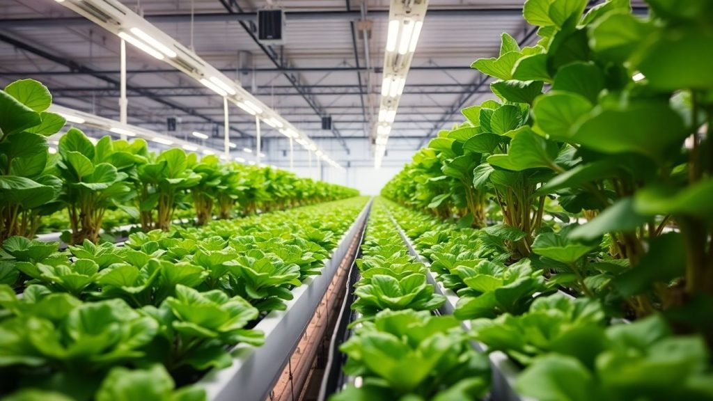 Lush green plants growing in a bright hydroponic greenhouse.