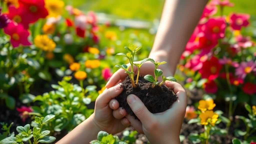 Beginner gardener planting a small seedling in a sunny garden.
