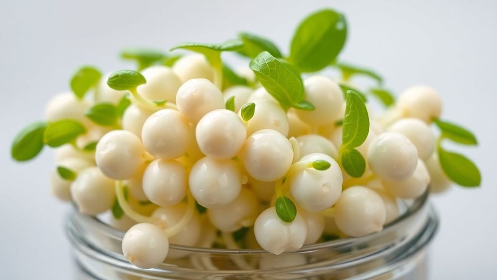 Fresh bean sprouts growing in a glass jar.