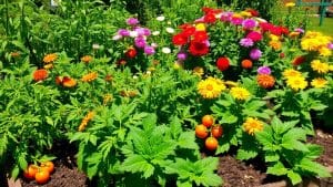 Lush organic garden with colorful flowers and vegetables.