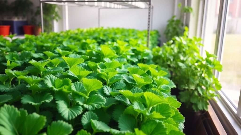Indoor vegetable garden with lush green plants.