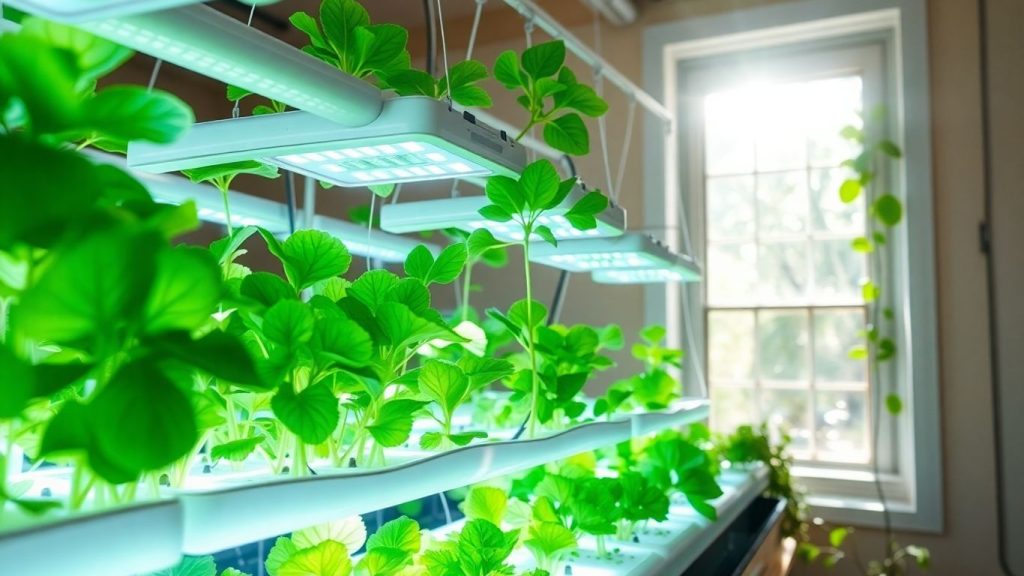 Indoor hydroponic vegetable garden with lush green plants.