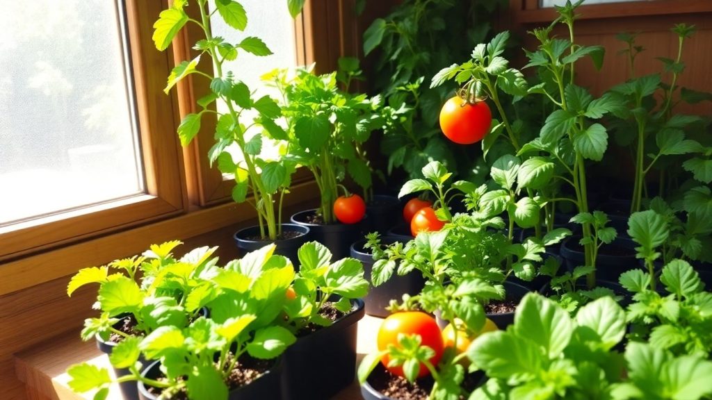 Indoor vegetable garden with fresh produce.