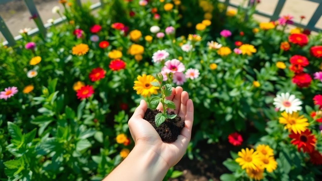 Hands planting a seedling in a vibrant garden.