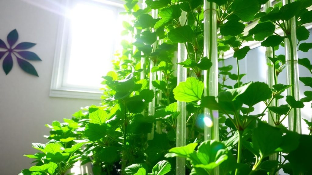 Lush green vegetables growing in a bright indoor hydroponic system.