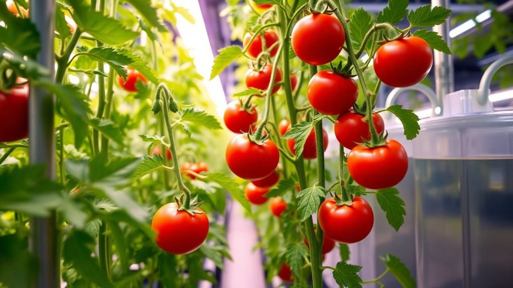 Hydroponic tomato plants growing indoors with ripe red fruit.